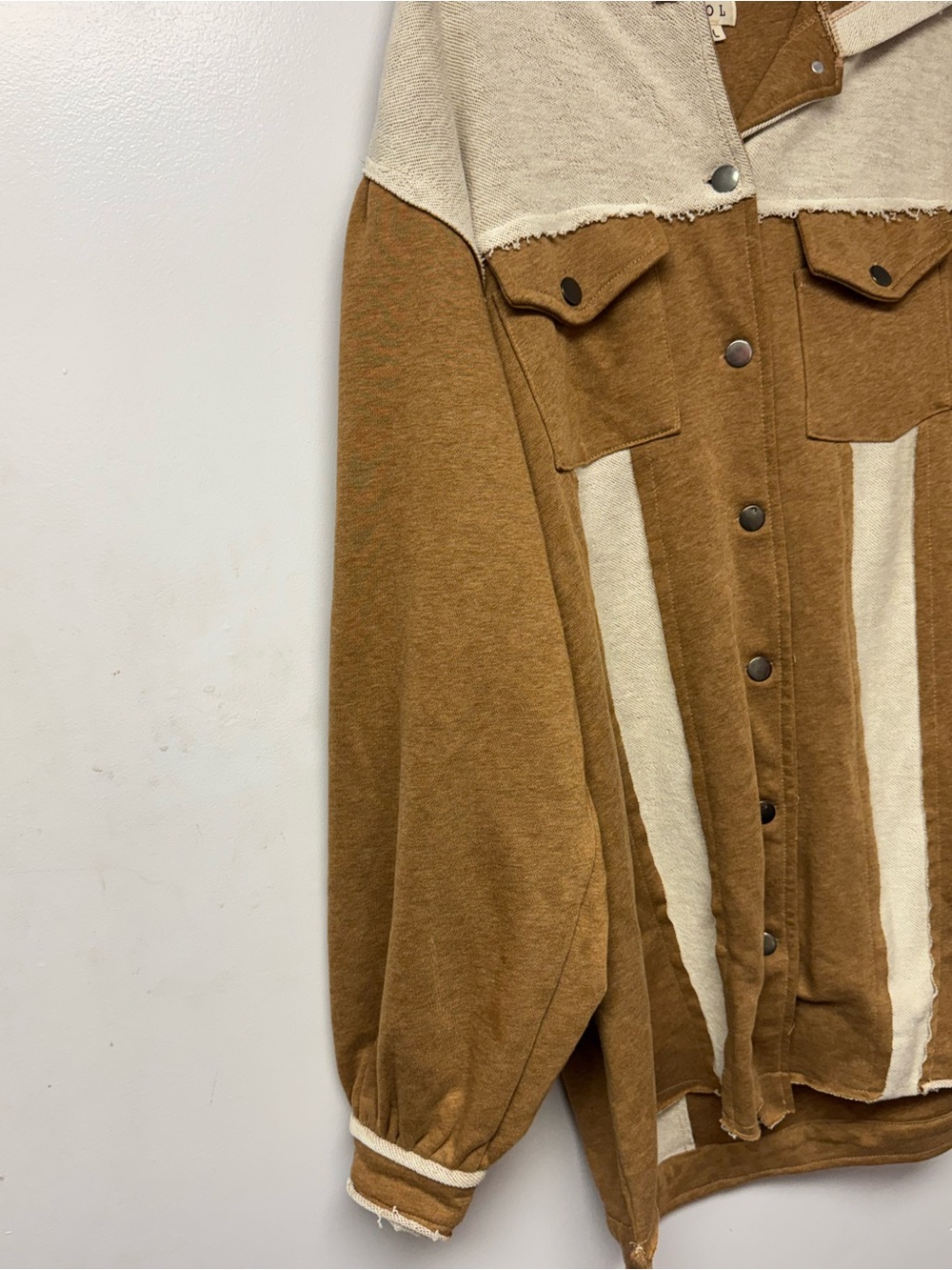 POL Oversized Hooded Shacket Jacket Large Brown Cream Colorblock Raw Hem Boho C - Picture 5 of 10